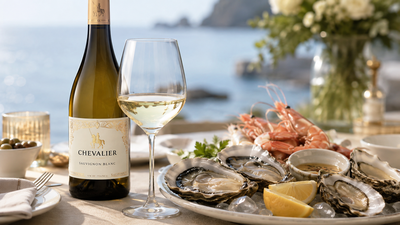 Chai vang trắng Chevalier Sauvignon Blanc và ly rượu, đặt cạnh đĩa hàu sống trên đá, tôm hùm và chanh, trên bàn tiệc ngoài trời với biển và hoa trắng làm nền.