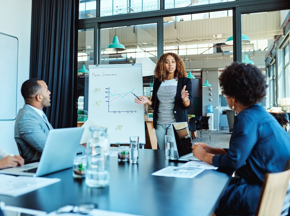 A marketing professional presenting data to a leadership team