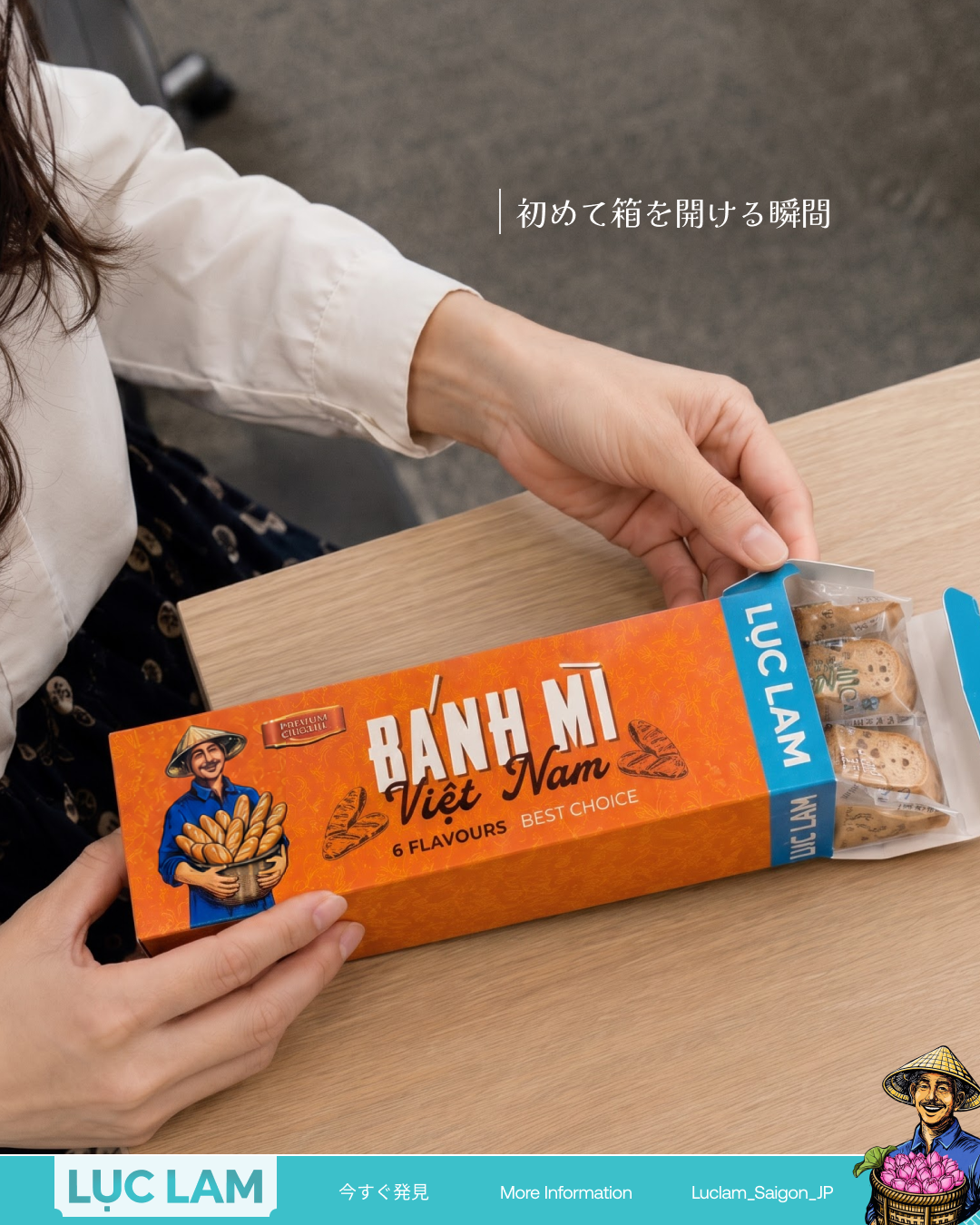 Hands opening a long orange cardboard box with a blue end flap, a cartoon illustration of a farmer holding bread, and white text reading 'BÁNH MÌ Việt Nam 6 FLAVOURS'. Individual vacuum-sealed bread s