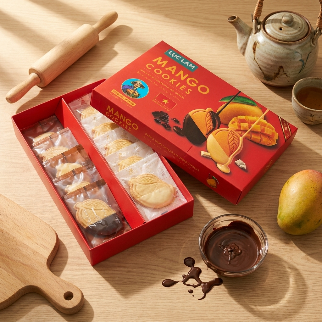 One box of mango cookies (biscuits) with 10 individual packets: rectangular red cardboard packaging, leaf-shaped cookies dipped in dark and white chocolate, clear plastic wrappers, printed mango and c