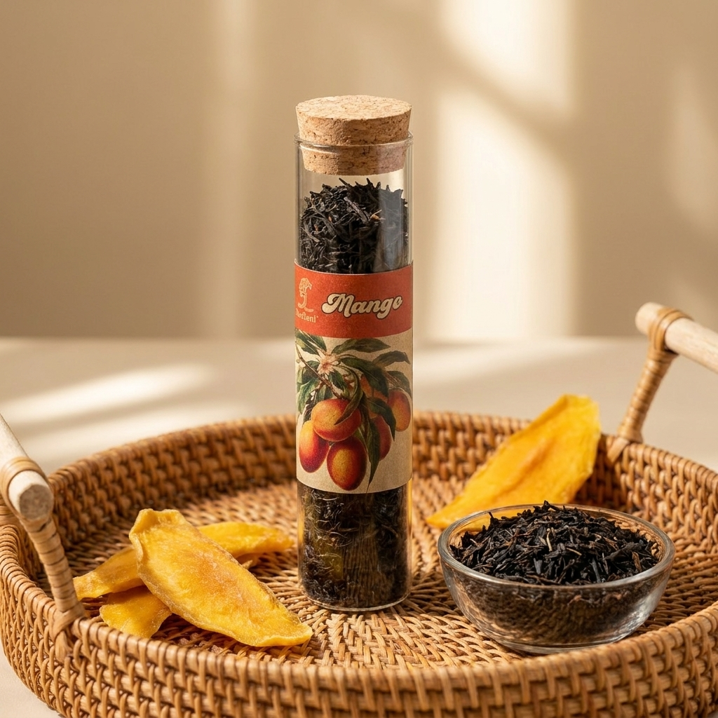 Mango-flavored loose leaf tea (1 unit) -> displayed in a clear cylindrical glass tube with a cork stopper, featuring a vintage-style botanical mango label and dried mango slices on a woven rattan tray