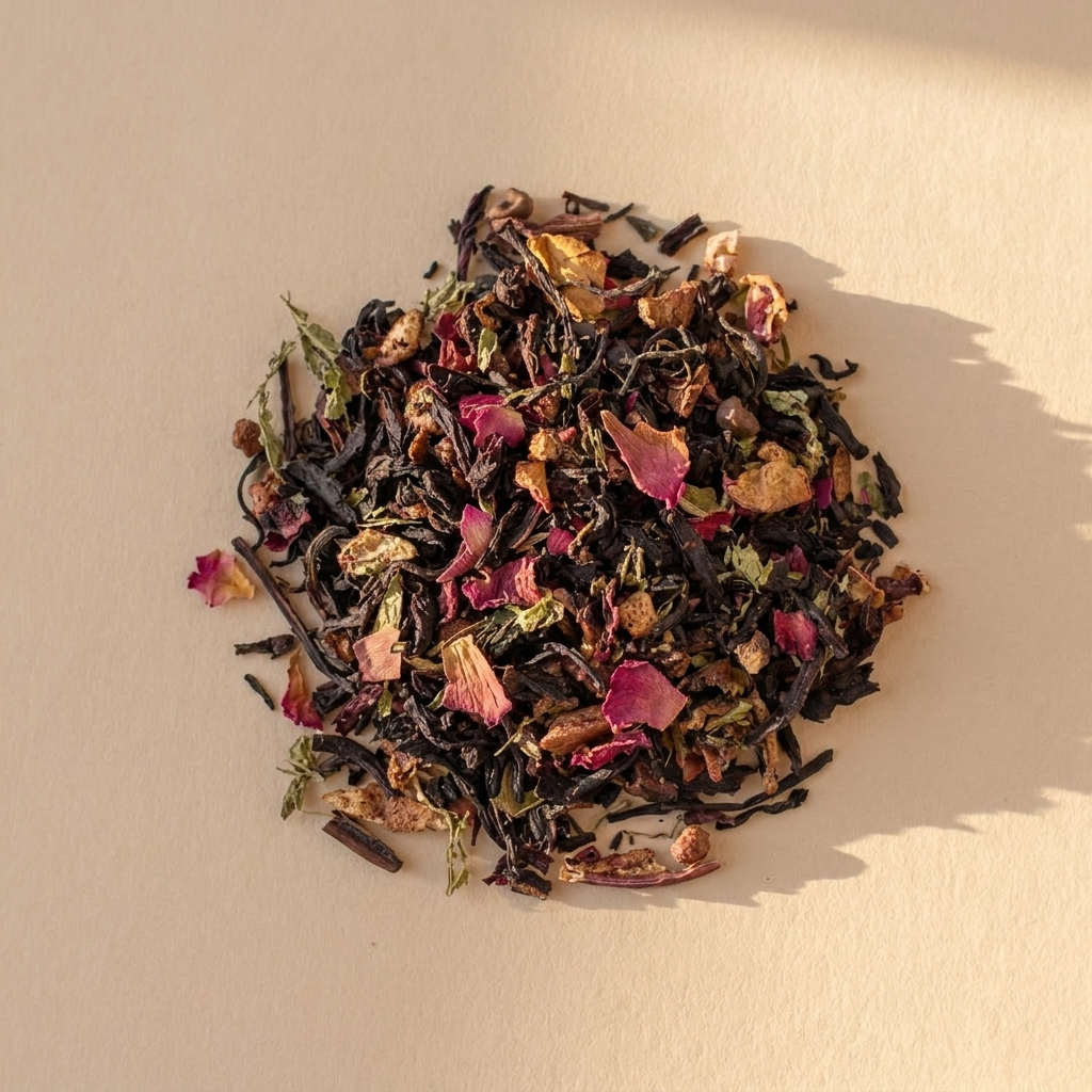 Loose leaf tea blend (one pile) -> arranged for display -> dark oxidized tea leaves, dried pink rose petals, citrus peel bits, herbal fragments; textured, multi-colored, organic composition.