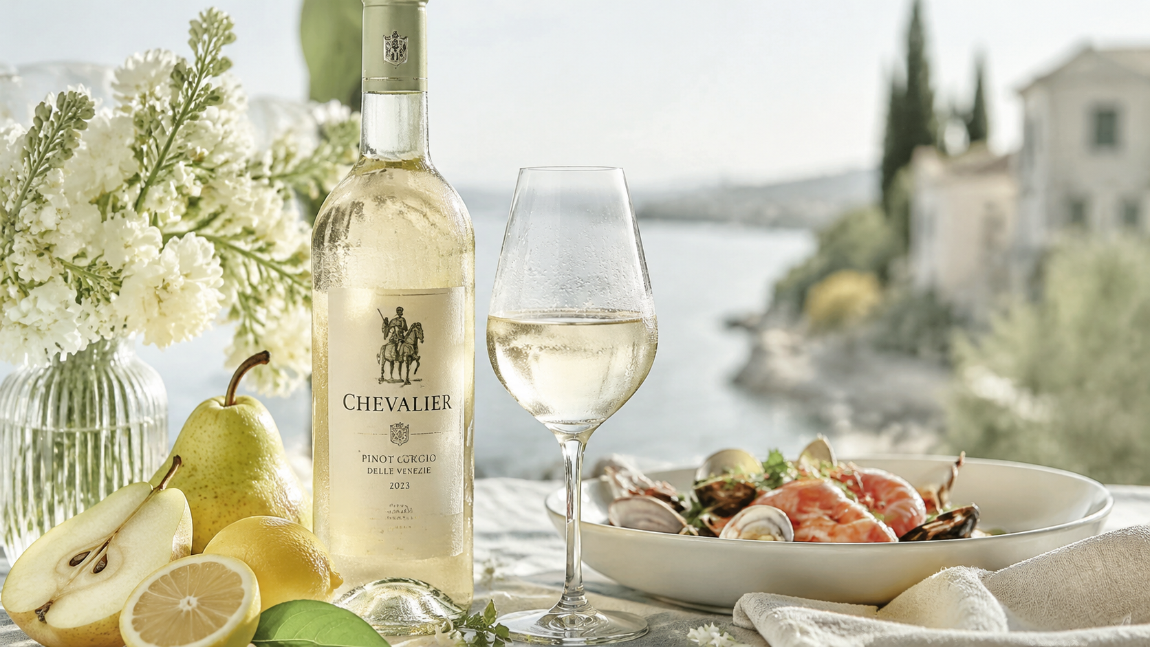 Chai vang trắng Chevalier Pinot Grigio và ly rượu, đặt cạnh dĩa hải sản, lê, chanh và hoa trắng trên bàn ngoài trời với phông nền hồ nước và nhà đá mờ.