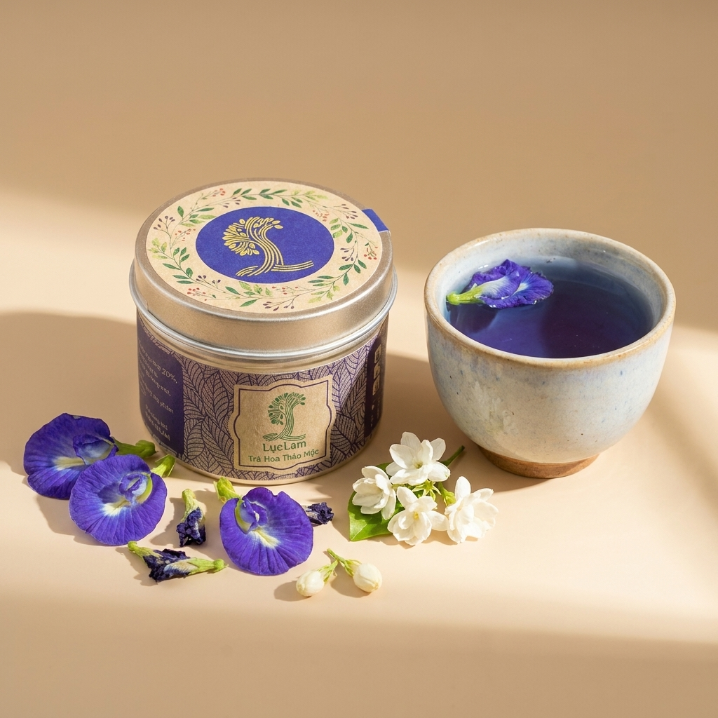 Butterfly pea flower tea set (one tin, one ceramic cup) displayed: cylindrical metal tin with botanical label, rustic stoneware cup filled with deep blue liquid, scattered fresh blue butterfly pea flo