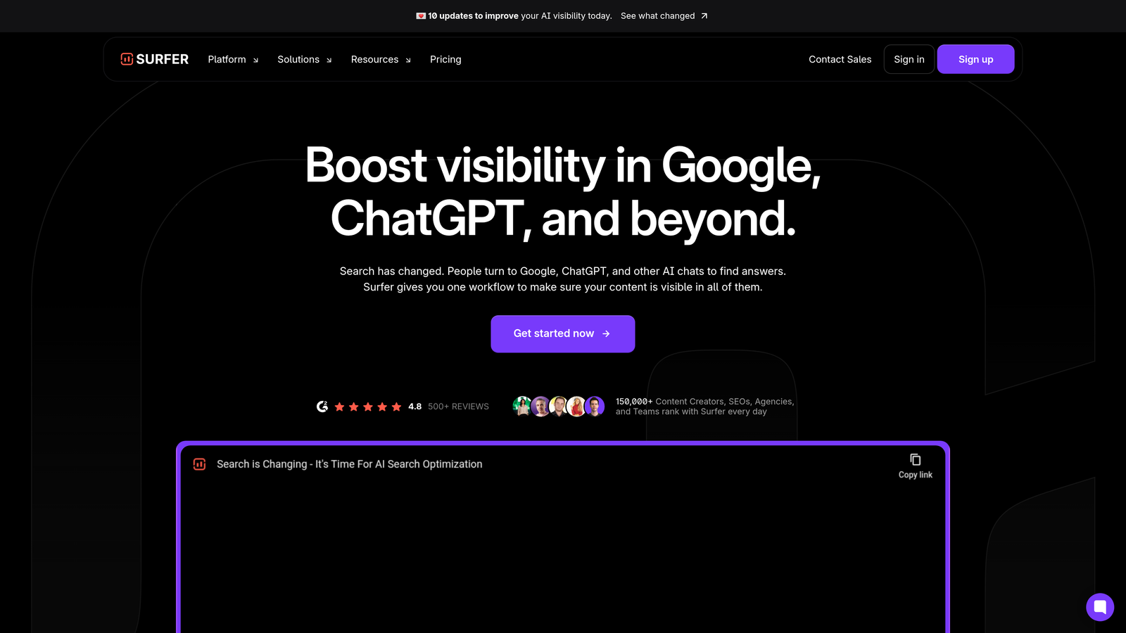 Screenshot of Surfer SEO website