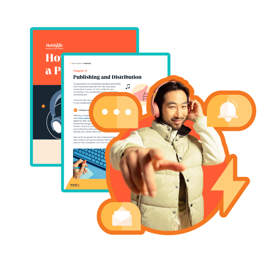 Young man wearing headphones and a light vest smiles while gesturing playfully, surrounded by colorful icons related to podcasting