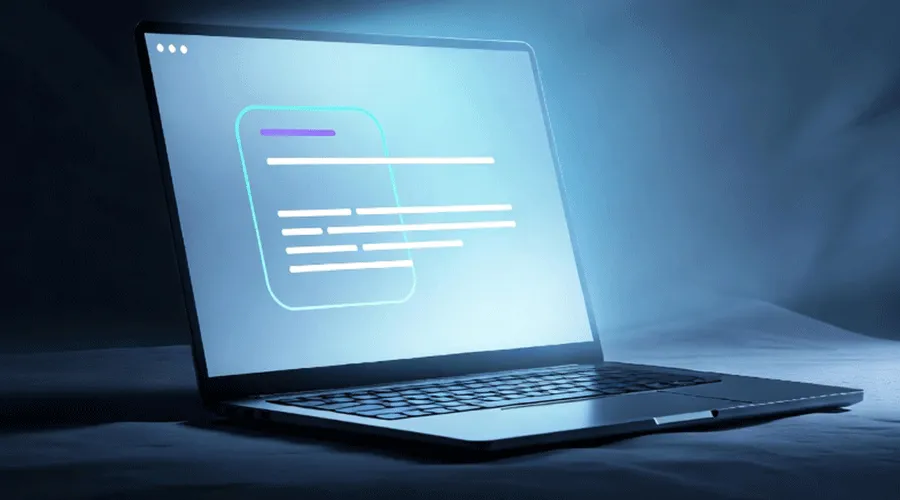 Illustration of a person writing a long-form article while AI search results highlight human-first content