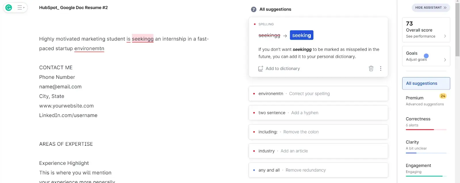 Grammar check tool interface