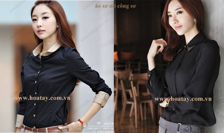 Đồng phục y tế (áo blouse) cho 2 nữ nhân viên: đang đứng tạo dáng; áo trắng viền xanh lá, cổ chữ V, tay ngắn, chiết eo (tạo dáng ôm), túi ốp hai bên; phối hợp bản vẽ kỹ thuật chi tiết và ảnh chụp thực