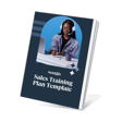 alt: A woman wearing a headset is writing in a notebook while sitting at a desk with a laptop and a mug, with a blue background featuring a styled design for a sales training plan template.