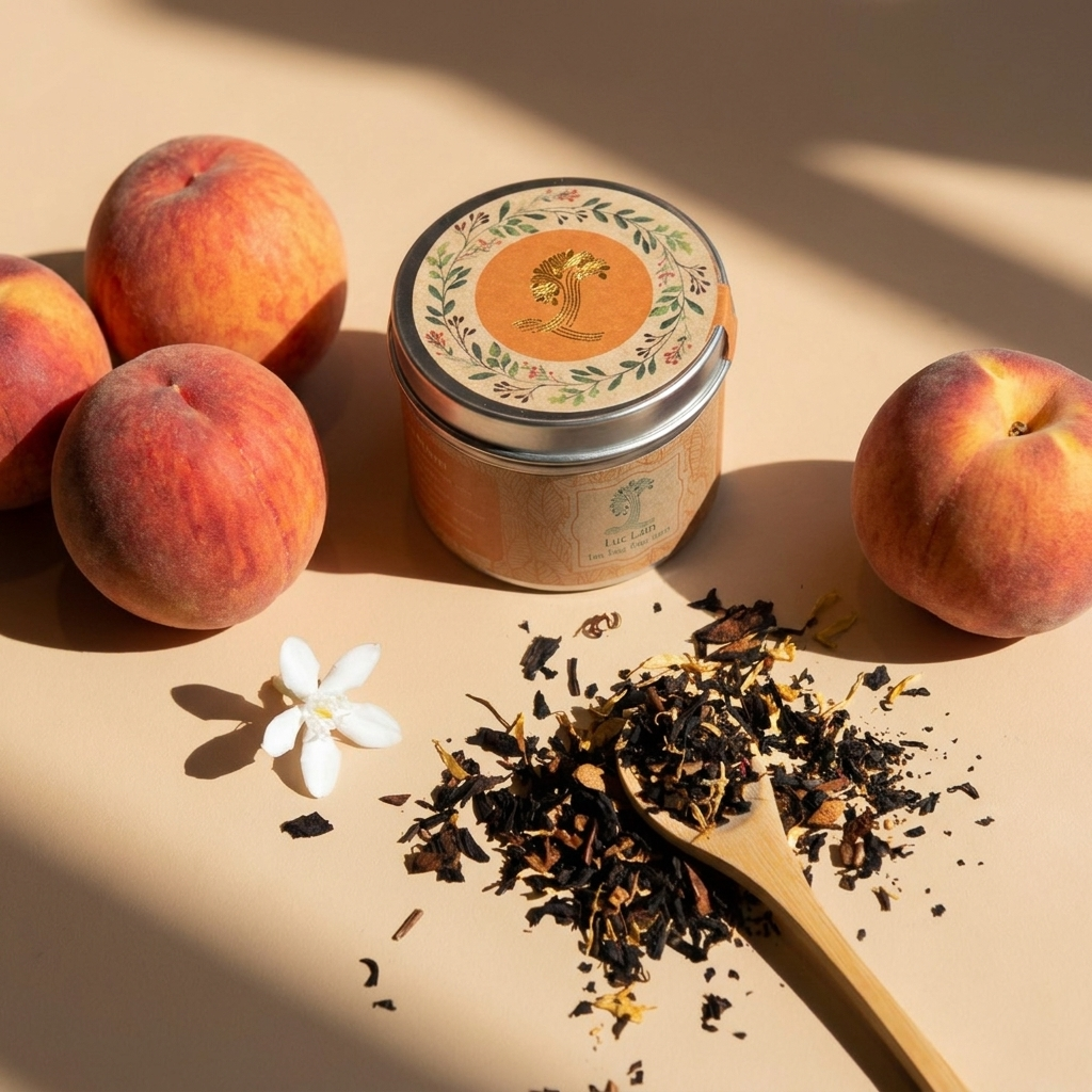 Trà Golden Peach là trà hoa, trà thảo mộc trong Lon thiếc tròn; tên sản phẩm và quy cách được thể hiện trên bao bì; quy cách 30g. Điểm nhận diện: Hương vị thanh mát, ngọt ngào của quả chín cây, kết hợ