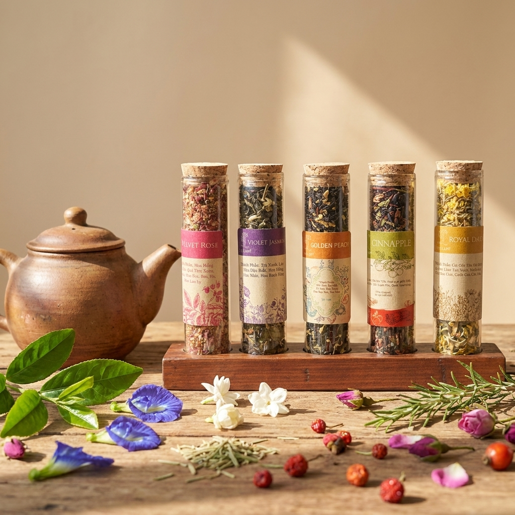 Five glass test-tube tea canisters (vials) in a wooden rack: cork stoppers, paper labels with botanical illustrations, loose-leaf herbal tea blends, and a ceramic teapot.