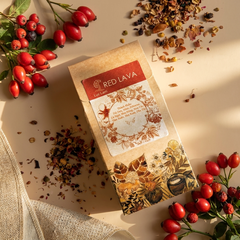 One rectangular tea box (packaging) -> displayed flat -> kraft paper material, botanical illustration print, adhesive label with ingredient list, surrounded by loose dried tea leaves and fresh rosehip