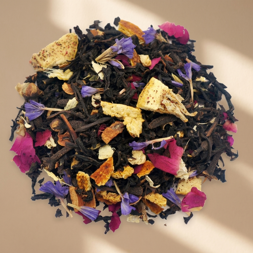 Loose leaf tea blend (one pile): dark oxidized tea leaves, dried citrus peel (orange zest), whole cloves, and vibrant blue cornflower and pink rose petals.