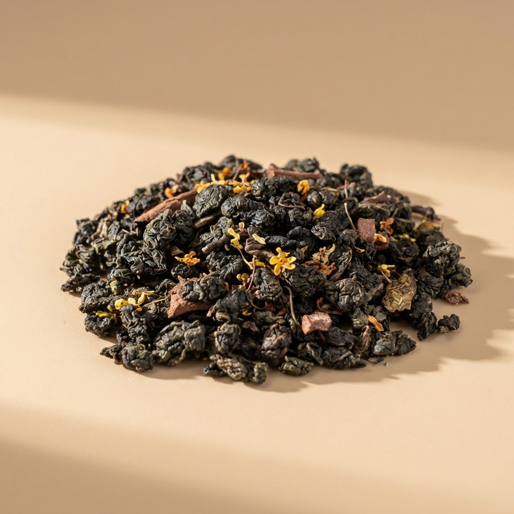 A pile of loose-leaf oolong tea (rolled tea leaves) mixed with dried osmanthus flowers and cinnamon bark pieces: dark green tightly curled leaves, small yellow petals, woody brown spice shards.