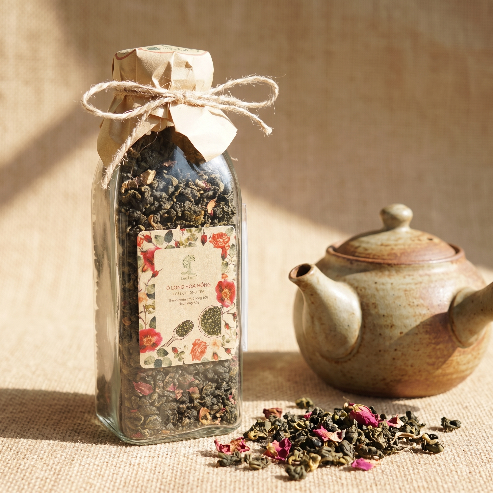Trà OoLong Hoa Hồng trong Chai thủy tinh. Trà lá rời, được đựng trong chai thuỷ tinh có nắp , chai trà thuỷ tinh trong suốt có thể nhìn thấy trà và hoa bên trong. Mỗi lần uống lấy 1 ít pha, sau đó đậy