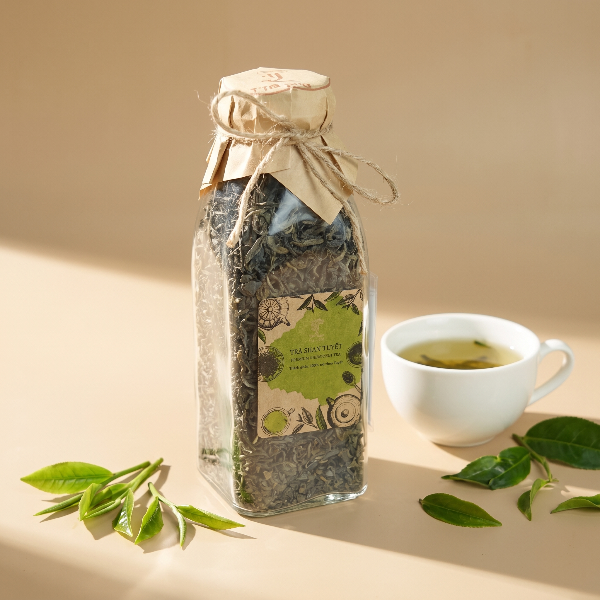 Trà Shan Tuyết trong Chai thủy tinh. Trà lá rời, được đựng trong chai thuỷ tinh có nắp , chai trà thuỷ tinh trong suốt có thể nhìn thấy trà và hoa bên trong. Mỗi lần uống lấy 1 ít pha, sau đó đậy kín