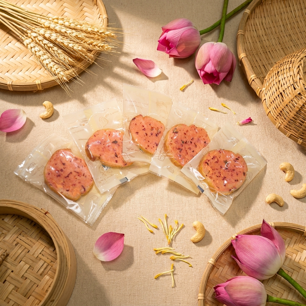 Năm gói rusk vị hồng (Sen) xếp quạt, mỗi gói trong suốt lộ lát bánh phết sốt hồng nhạt lấm tấm; xung quanh có hoa sen hồng, cánh hoa rụng, nhụy sen. Góc chụp gần như từ trên xuống, tập trung riêng vào