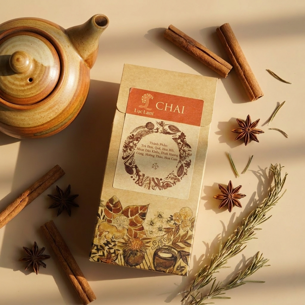 Trà Chai là "trà hoa, trà thảo mộc " trong Hộp giấy 50gr; tên sản phẩm và quy cách được thể hiện trên bao bì; quy cách 50g. Điểm nhận diện: hương quế ấm kết hợp cùng nền trà được tuyển chọn.