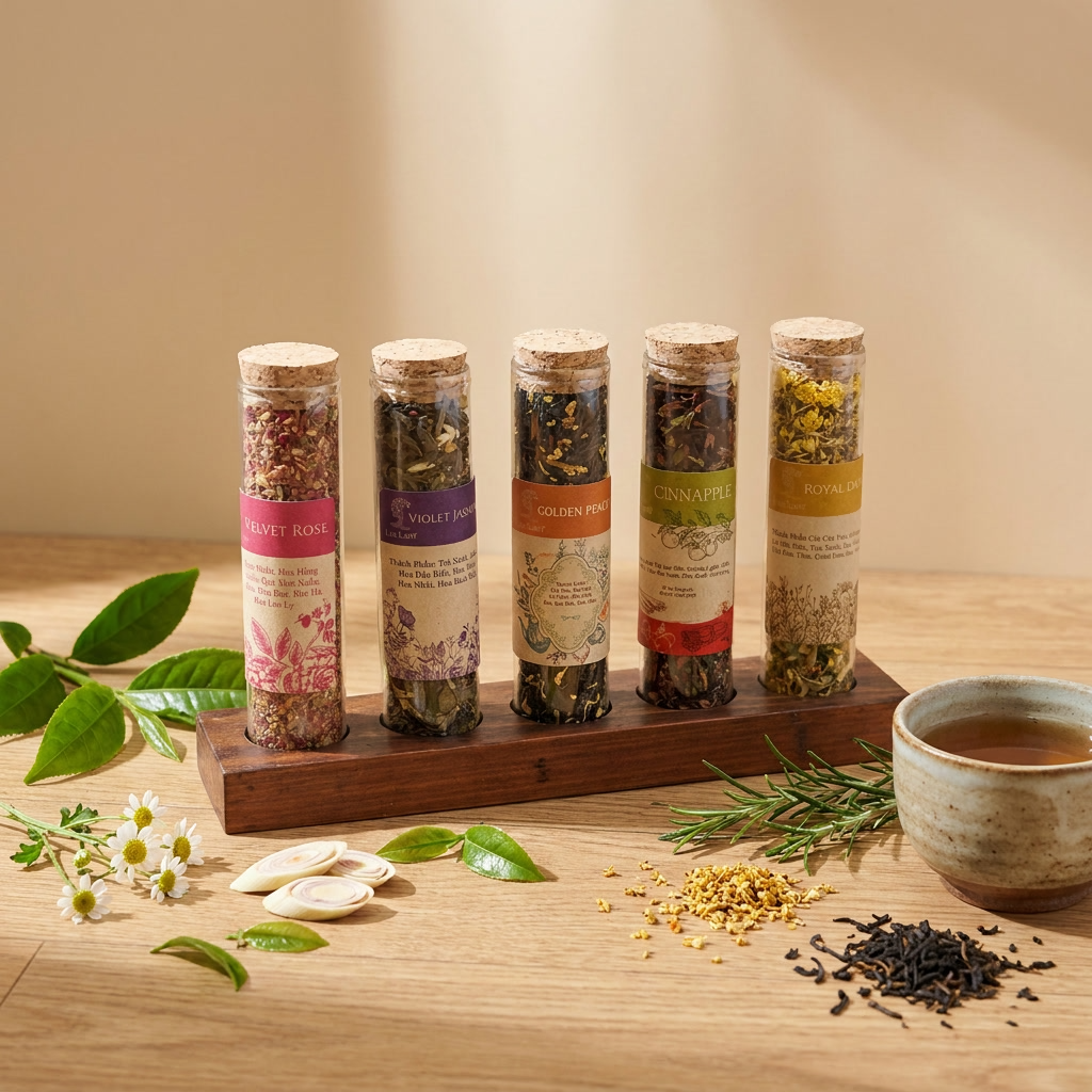 Five glass test-tube vials (cylindrical containers) containing loose-leaf tea blends: cork stoppers, paper labels with botanical illustrations, wooden display stand, visible dried flower petals, herbs