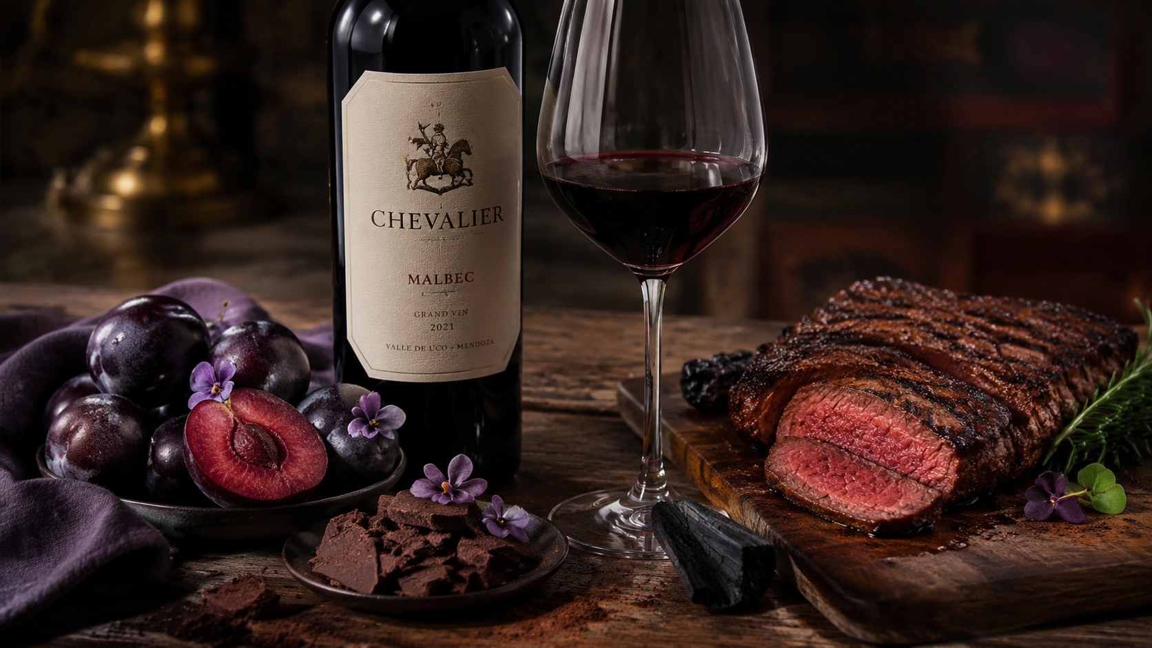 Chai rượu vang đỏ Chevalier Malbec 2021, ly rượu, tảng thịt nướng cắt lát, mận tím và sô-cô-la đen trên bàn gỗ, ánh sáng ấm.