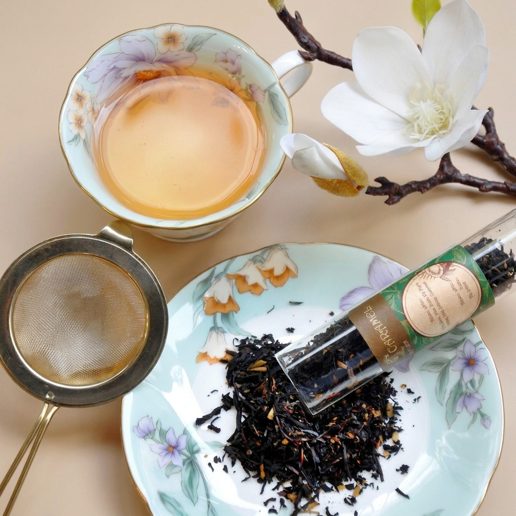Trà Caramel là trà hoa, trà thảo mộc trong Ống Thủy tinh trụ; bao bì trong suốt cho thấy nguyên liệu bên trong; quy cách 20g. Điểm nhận diện: Bởi hương vị dễ chịu, không ồn ào không quá phô trương, vị