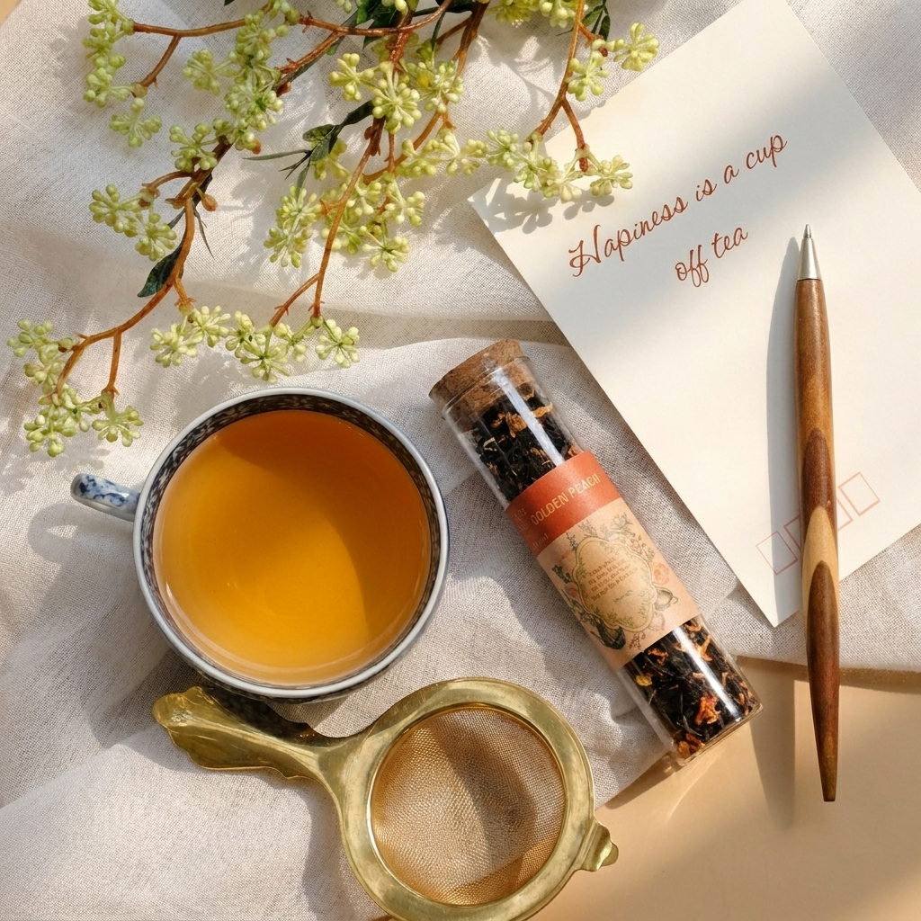 Trà Golden Peach là trà hoa, trà thảo mộc trong Ống Thủy tinh trụ; bao bì trong suốt cho thấy nguyên liệu bên trong; quy cách 20g. Điểm nhận diện: Trà golden peach có thành phần: Trà đen, đào sấy, hoa