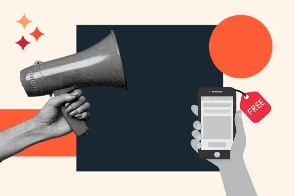 free tool marketing represented by a hand holding a megaphone and an app with a free tag