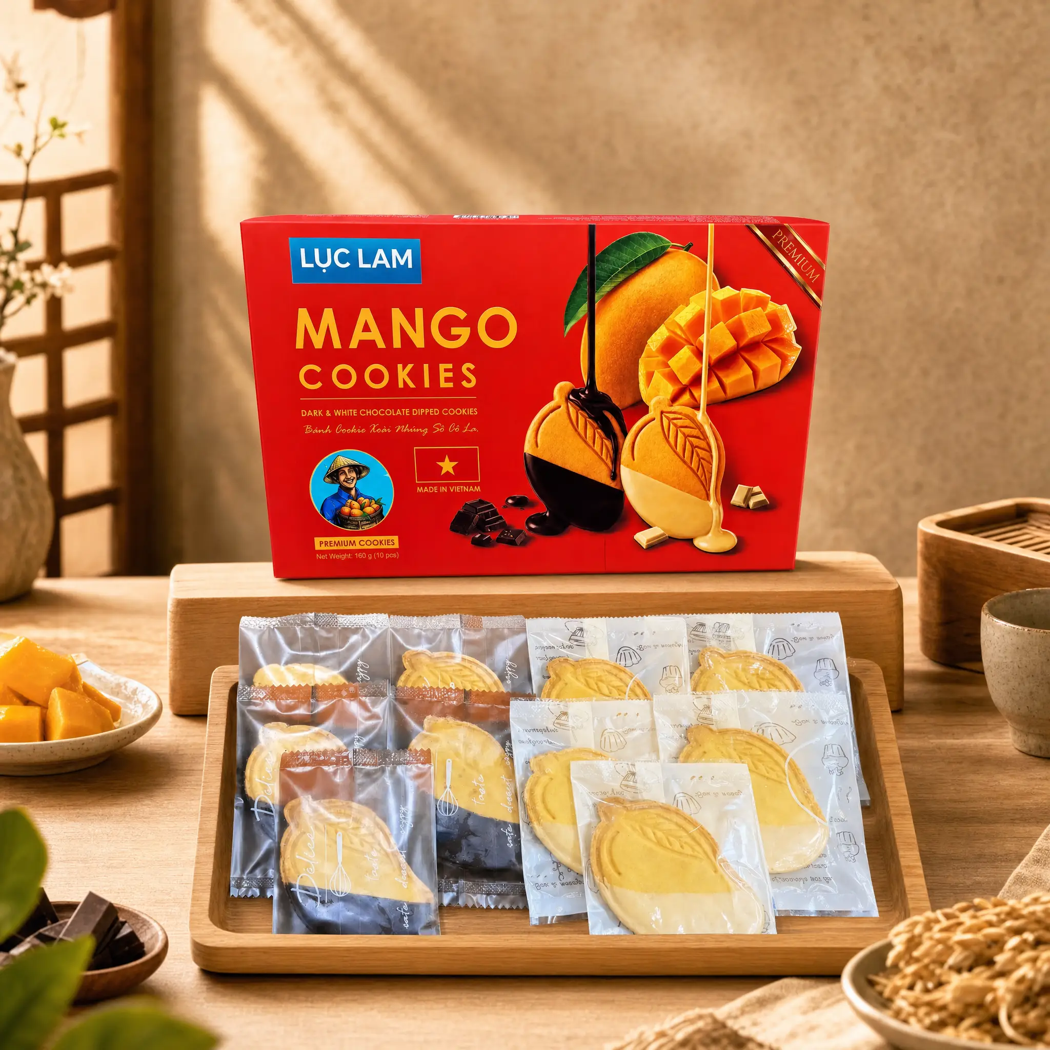 Hộp 160g Bánh Cookie Xoài Nhúng Chocolate gồm 10 chiếc đóng túi riêng lẻ (5 socola trắng, 5 socola đen). Lớp bánh vàng thơm điểm xuyết xoài sấy dẻo và phần phủ socola tinh tươm, tạo nên vẻ ngoài cao c