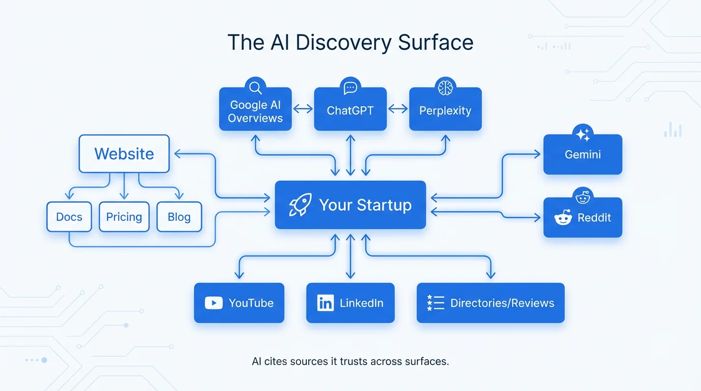 A visual representation of startup discoverability in AI search engines