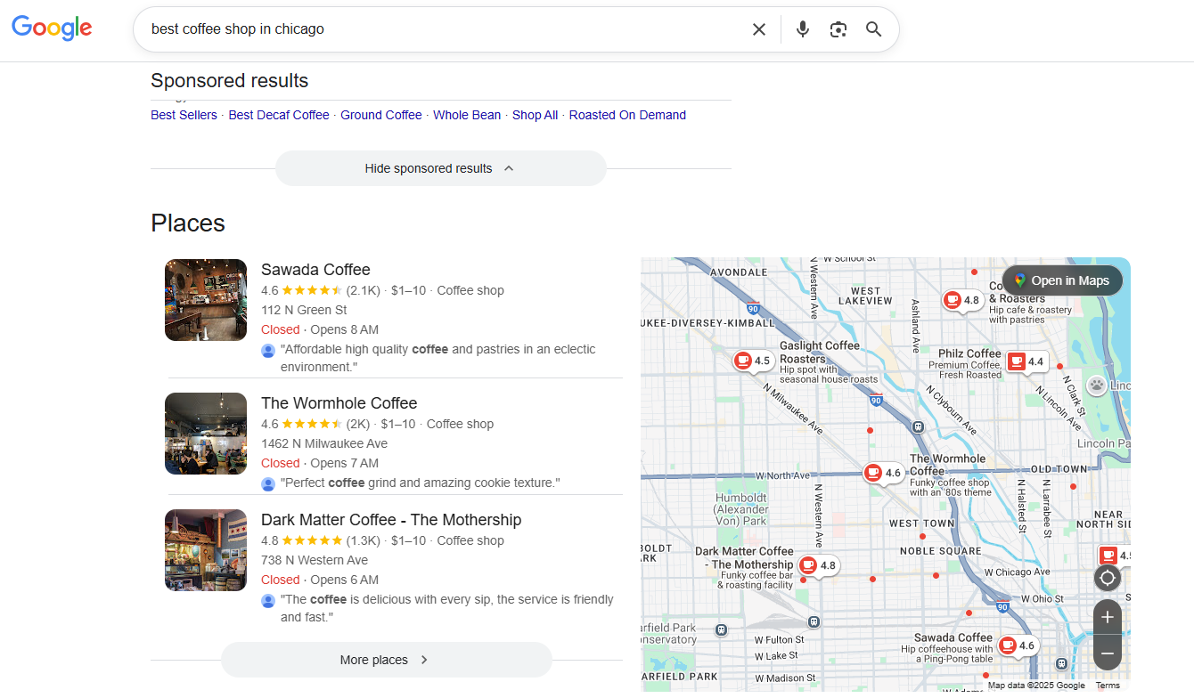 example of local listing businesses with reviews, and map pins