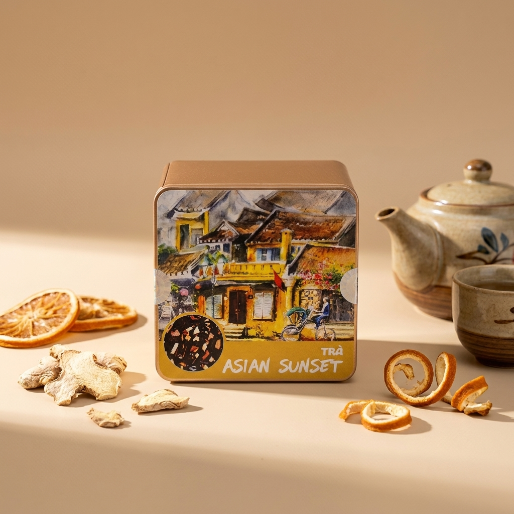 Trà Asian Sunset trong hộp thiếc vuông: 50g lá trà (lá trà đen, gừng, quế và trần bì) đựng túi PE rồi vào thiếc. Nắp và thân thiếc vuông nhận diện bản 50g; dạng hộp này dùng để cất trà lá rời, khác ph