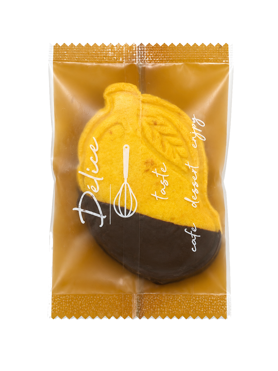 One individually wrapped cookie: golden-yellow top with an embossed leaf pattern, dark chocolate-dipped bottom, sealed in a transparent amber wrapper with a whisk icon and 'Delice' branding.