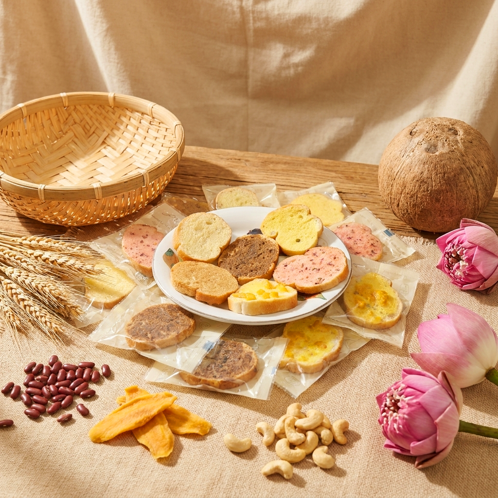 Một đĩa sứ trắng bày sáu miếng rusk đã bóc vỏ, đủ sáu vị, xếp theo hình hoa thị; xung quanh là các gói còn nguyên bao bì và một rổ tre nhỏ, có bông lúa mì, đậu đỏ, xoài sấy, hạt điều. Chụp góc chếch c