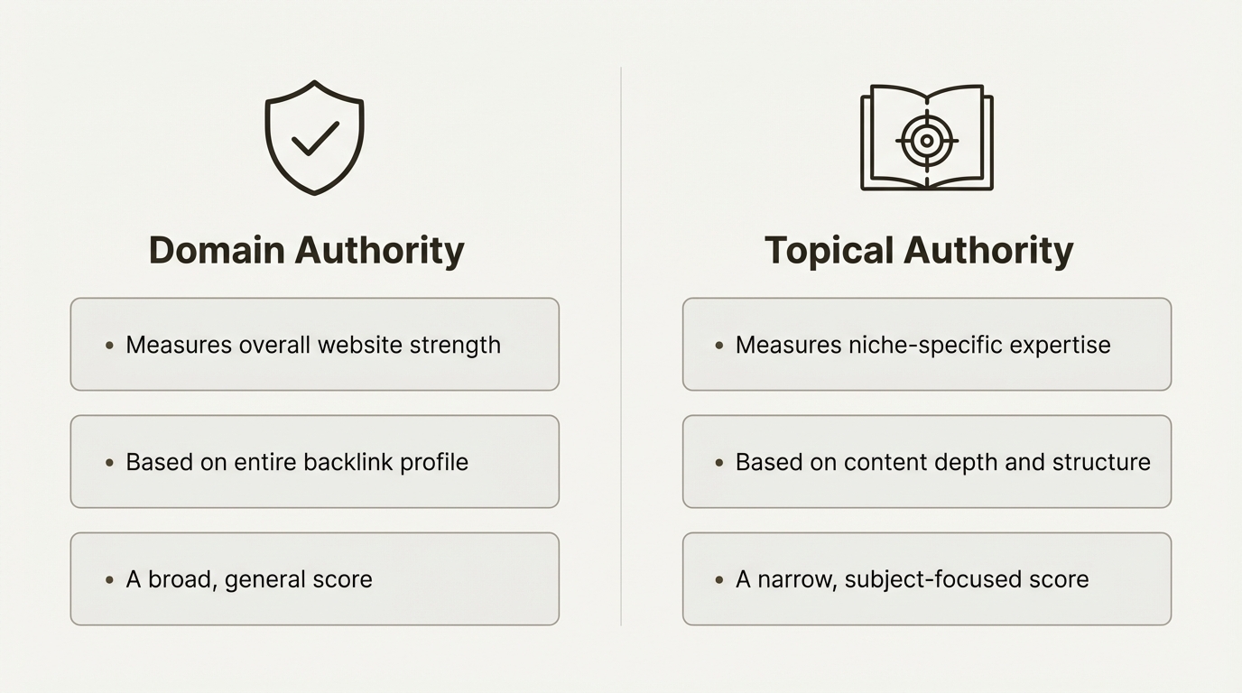 An infographic from a topical authority guide comparing domain authority, a measure of broad strength, to topical authority, a measure of niche expertise.