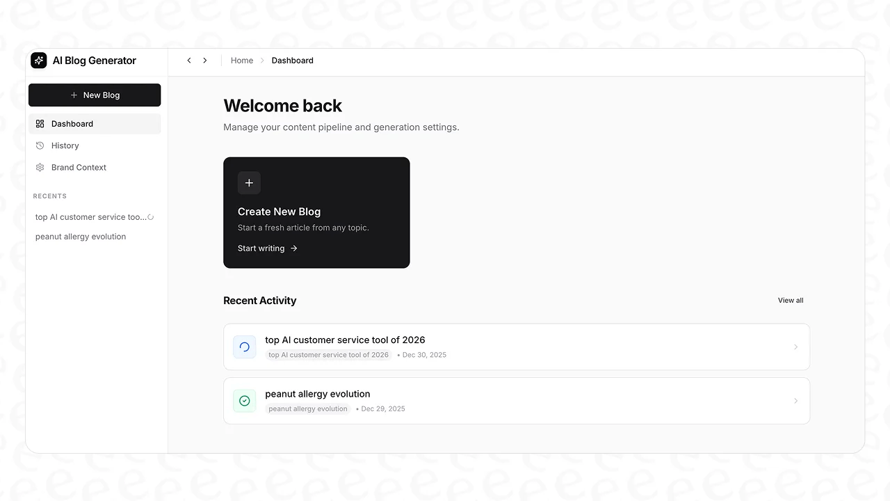 A screenshot of the eesel AI blog writer dashboard, a tool used to create a comprehensive topical authority guide at scale.