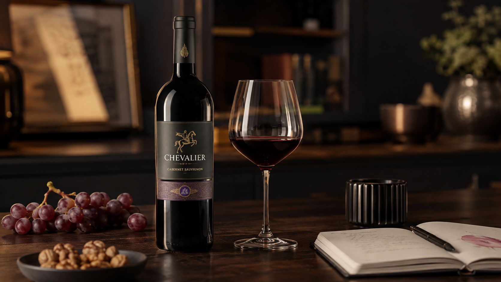 Chai vang đỏ Chevalier Cabernet Sauvignon và ly rượu vang đỏ, đặt trên bàn gỗ tối màu, kèm nho tươi, hạt óc chó, sổ ghi chép và bút, ánh sáng ấm áp, phong cách sang trọng.