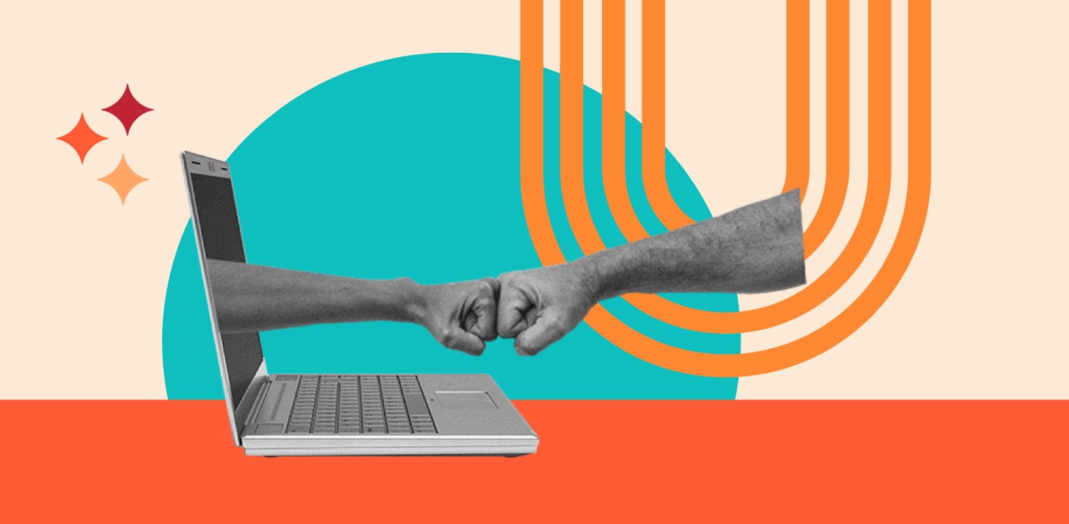 Two human arms (one from laptop screen, one from abstract arch) fist bumping; black and white halftone texture; flat vector background with teal circle, orange parallel lines, and star icons; high-con