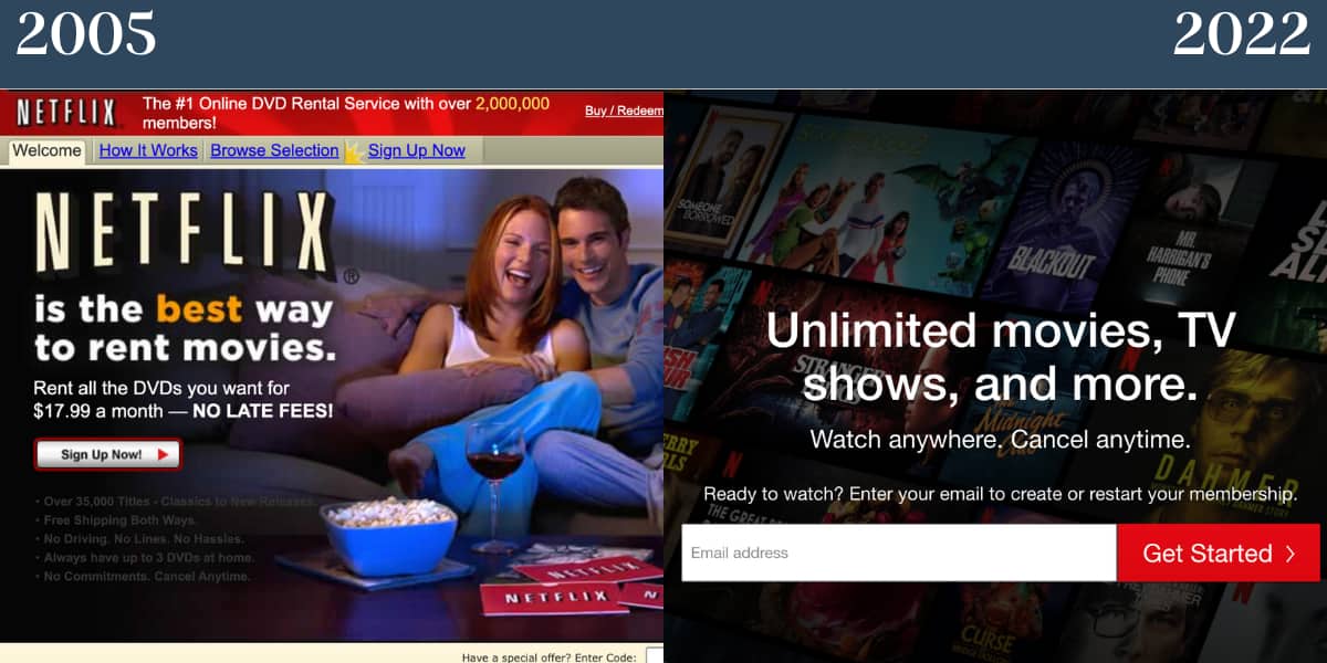 Netflix homepage from 2005 to 2022