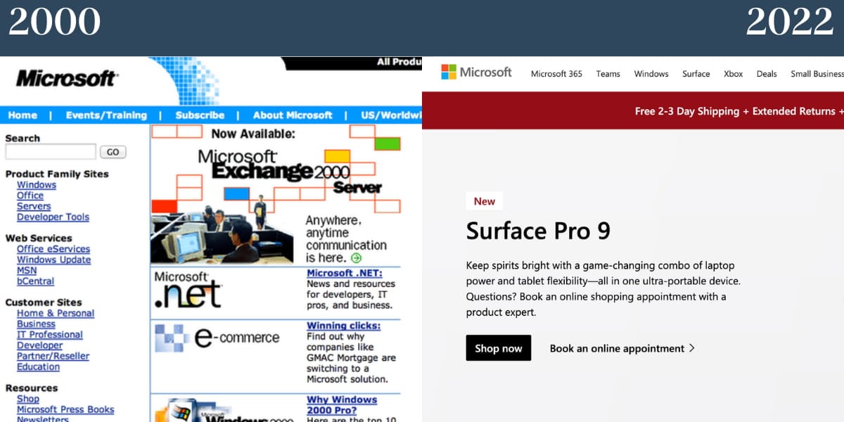 Microsoft website from 2000s to 2022