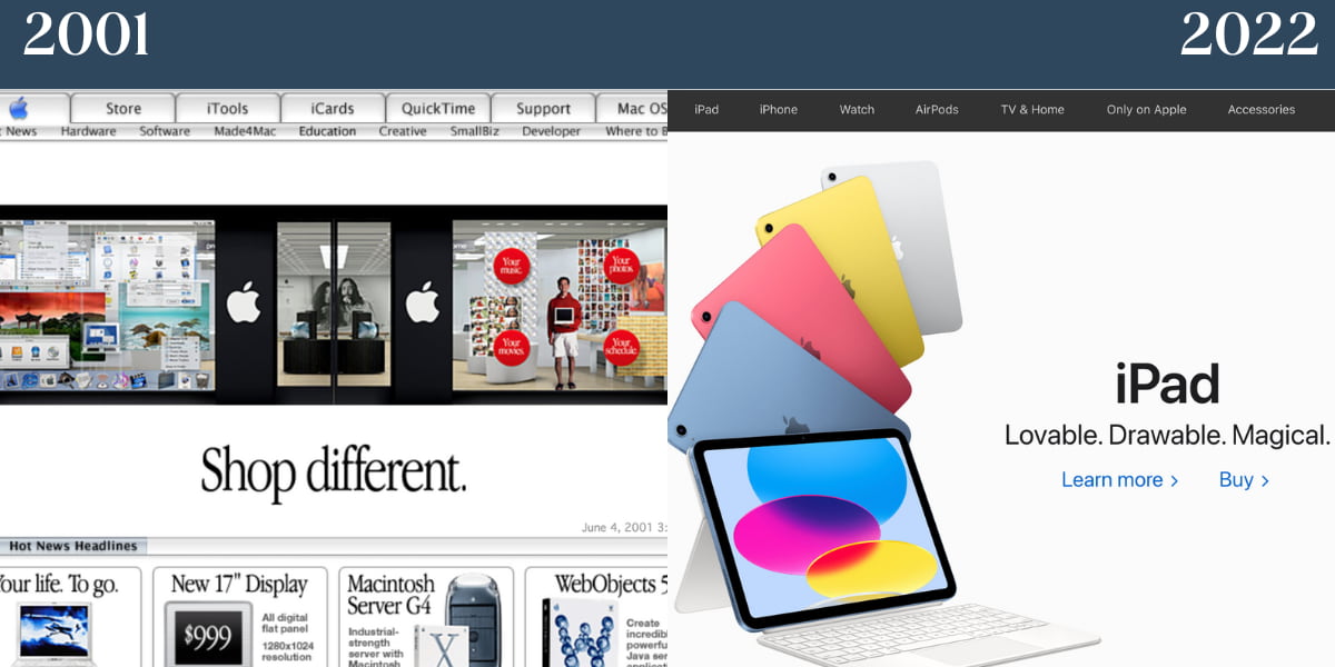 Apple homepage from 2001 compared to 2022