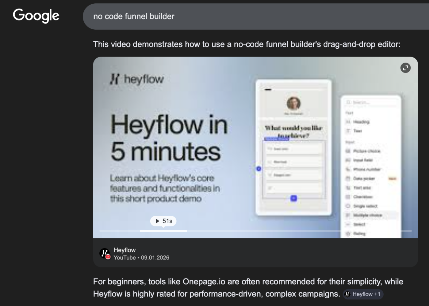 Heyflow YouTube video being prominently embedded in the AI Overview after Radyant's optimization for highly commercial search "no code funnel builder"
