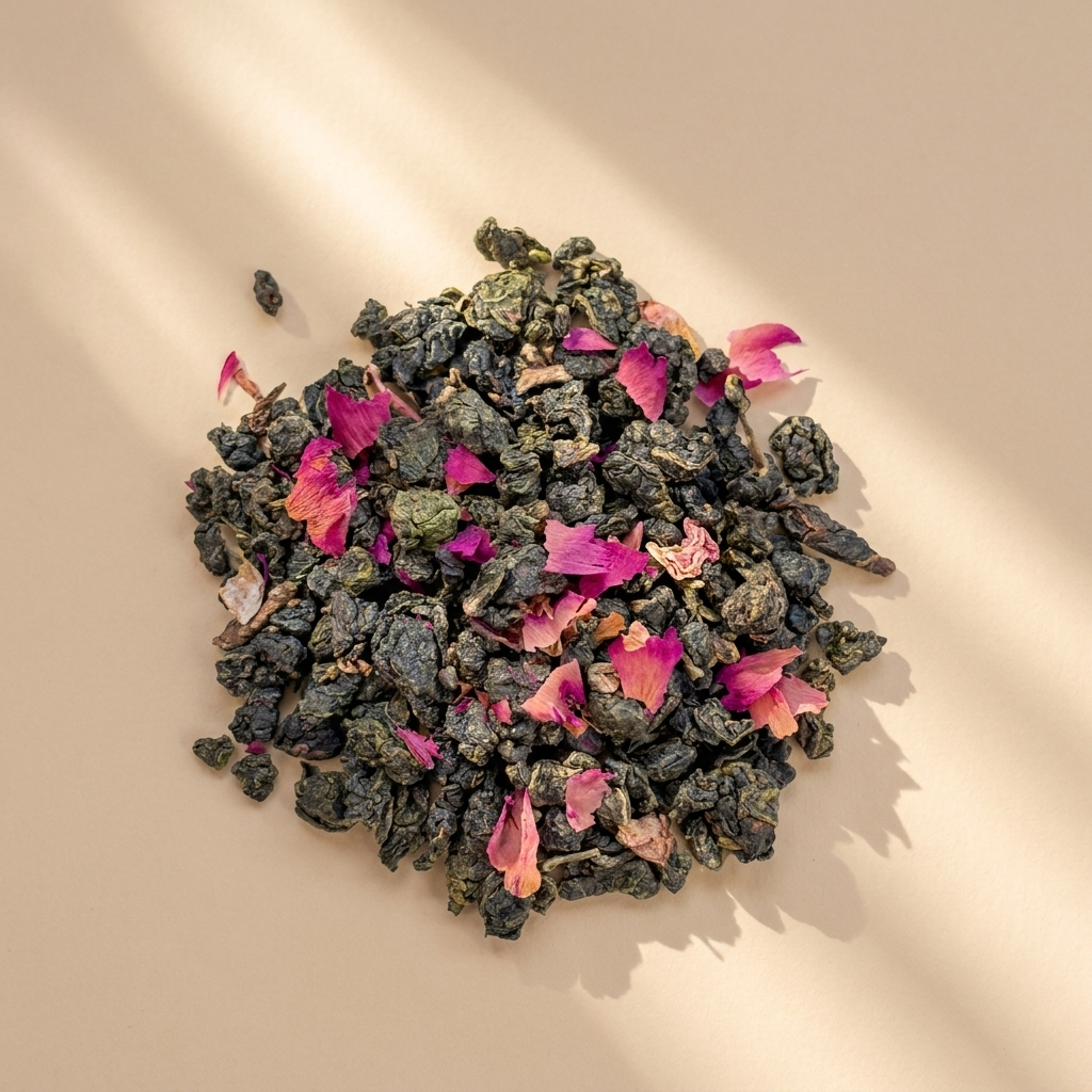 Loose leaf tea blend (oolong and rose petals) arranged in a pile: tightly rolled dark green leaves, vibrant pink dried flower petals, natural botanical texture.
