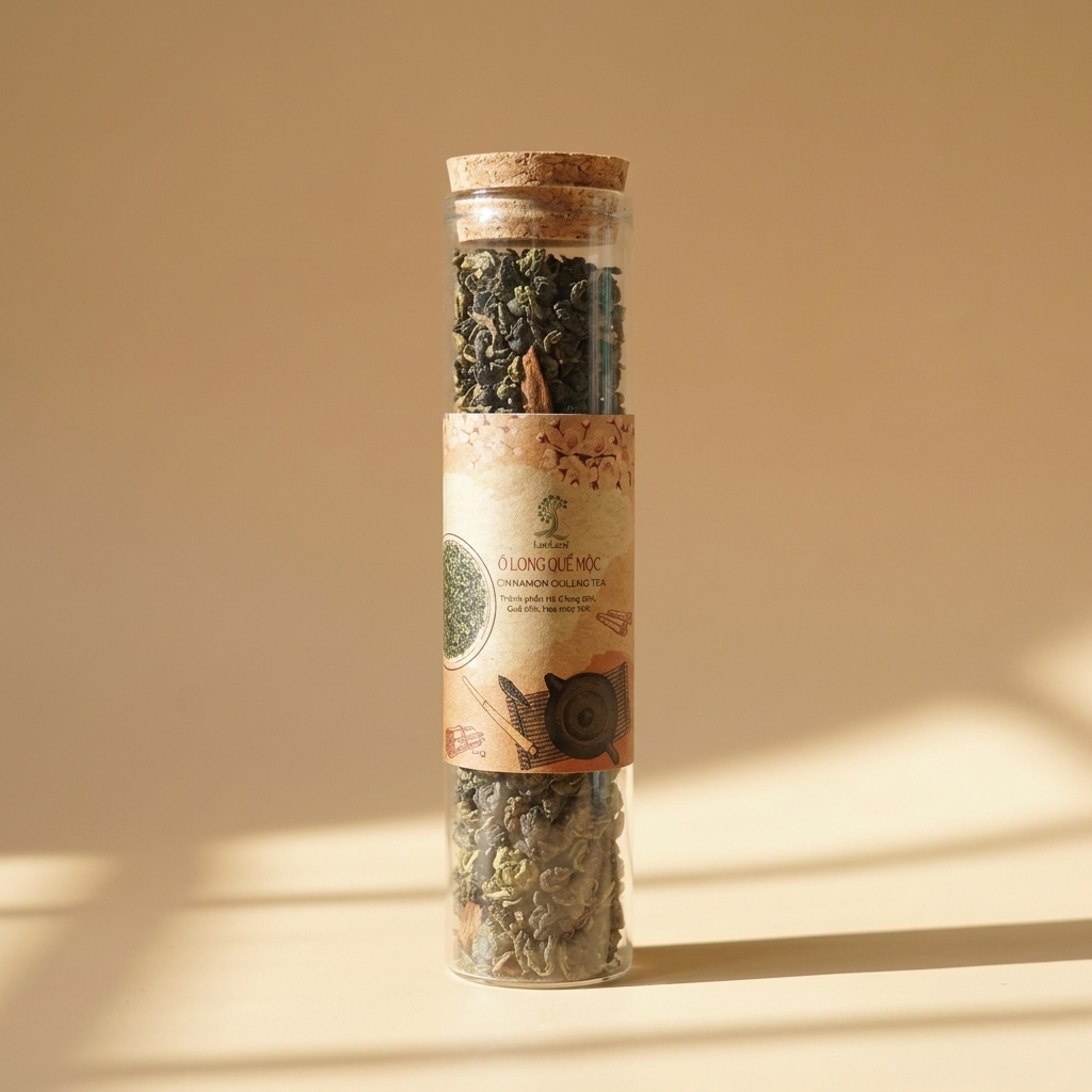 Cinnamon Oolong tea (loose leaf) in a glass tube: cylindrical clear glass container, cork stopper, paper label with botanical illustrations, dried dark green tea leaves and cinnamon bark visible.