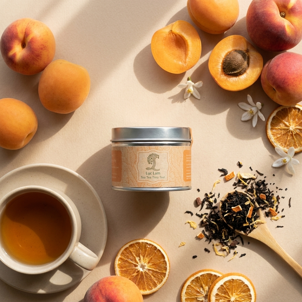 Trà Golden Peach là trà hoa, trà thảo mộc trong Lon thiếc tròn; tên sản phẩm và quy cách được thể hiện trên bao bì; quy cách 30g. Điểm nhận diện: Hương vị thanh mát, ngọt ngào của quả chín cây, kết hợ