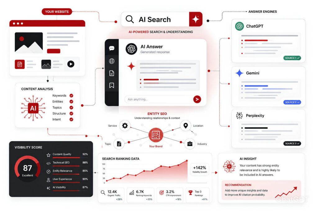 A concept illustration showing an empty, generic content landscape contrasted with high-quality insights for AI search optimization.