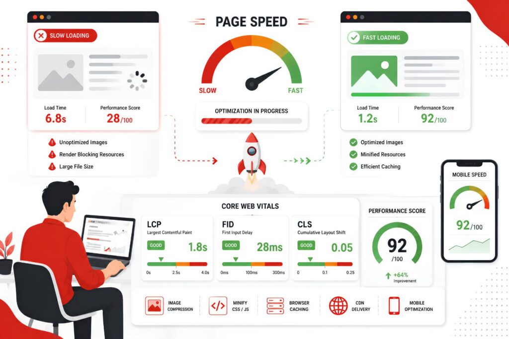 A visual representation of an underperforming, slow-loading web page that lacks depth in Scaling Content for AI Search.