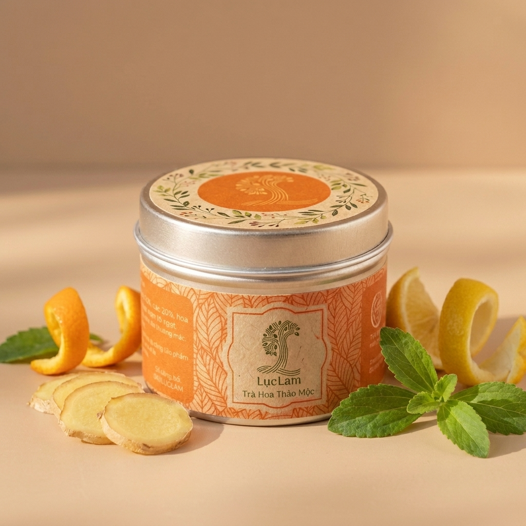 Herbal tea tin (cylindrical metal canister) with paper label: matte silver lid, orange botanical-patterned wrap, printed logo, surrounded by fresh ginger slices, lemon peels, and mint leaves.