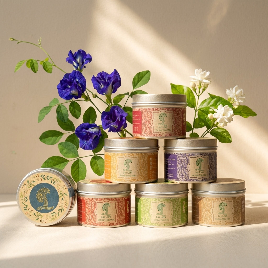 Seven herbal tea tins (cylindrical metal containers) stacked and arranged: matte paper labels with botanical illustrations, vibrant color-coded bands, and embossed metal lids.