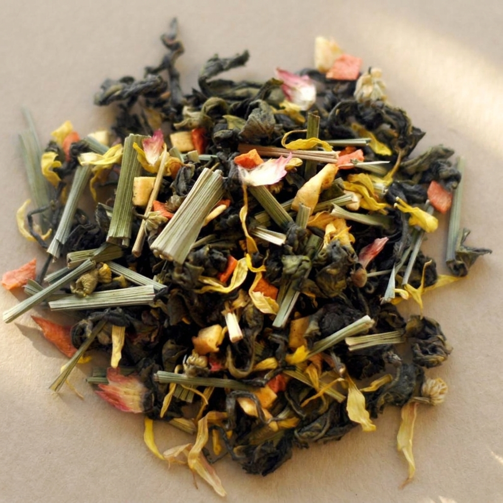 Loose leaf tea blend (herbal infusion) 1 count: dark green curled tea leaves, dried lemongrass stalks, yellow flower petals, and diced fruit pieces.